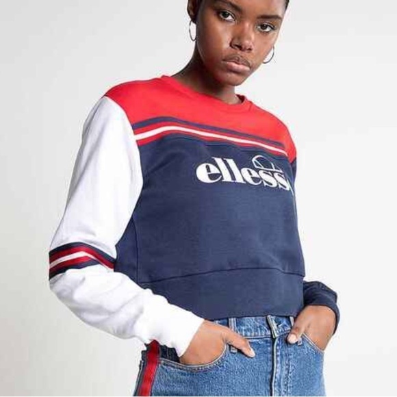 Ellesse Cropped Sweatshirt Fulmire Pullover Top Long Sleeve Red Blue Size Small - Picture 1 of 12